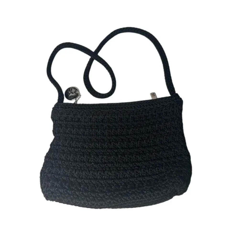SAK Black‎ Crochet Knit Shoulder Bag with Silver Charm Casual Everyday Handbag